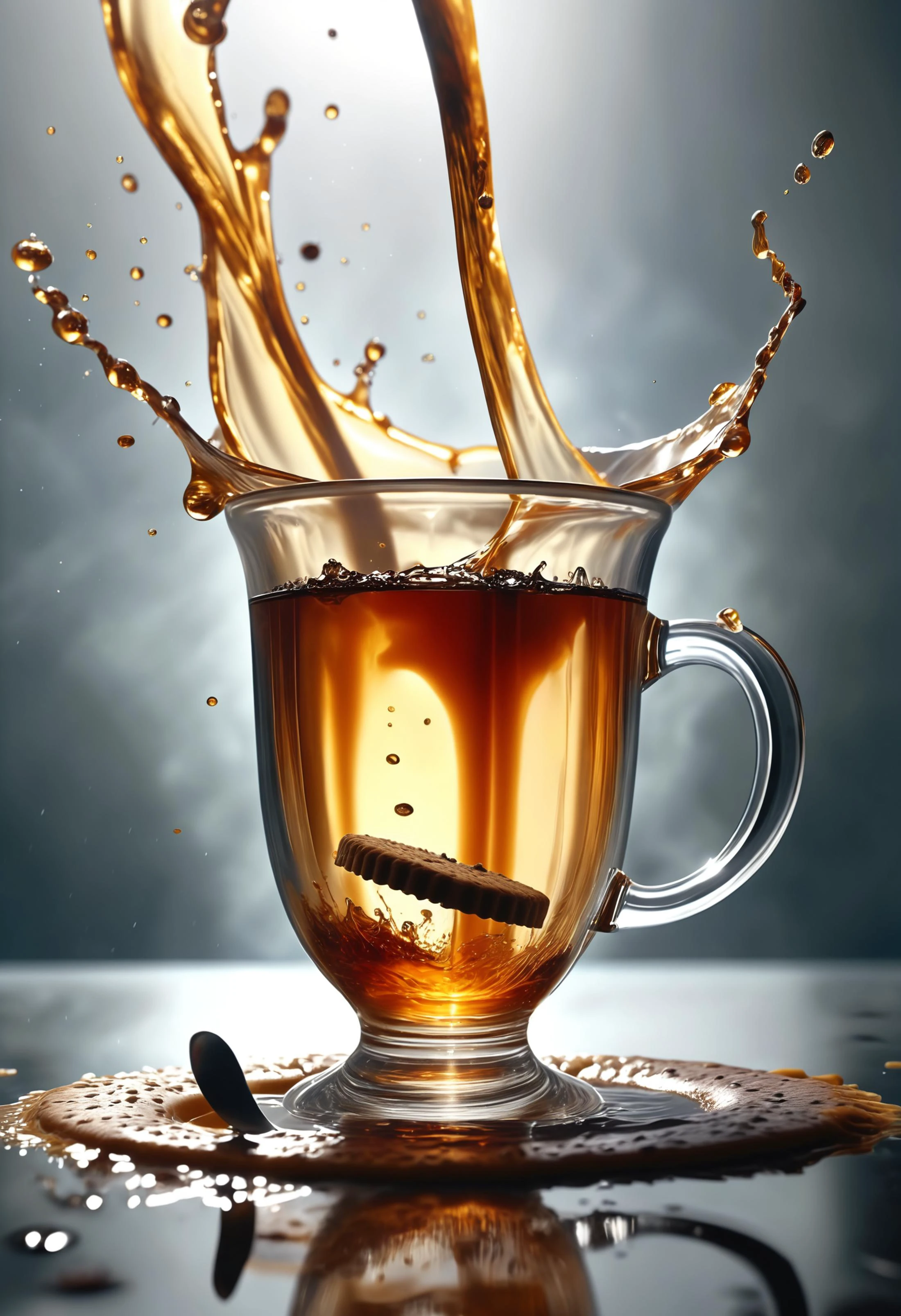 a single wet biscuit half-way into a transparent cup of tea, upwards splash, trail of destruction, cavitation effect, liquid disruption, time stop, slow motion, product photography, dramatic effects, amazing quality, ultra detailed, UHD