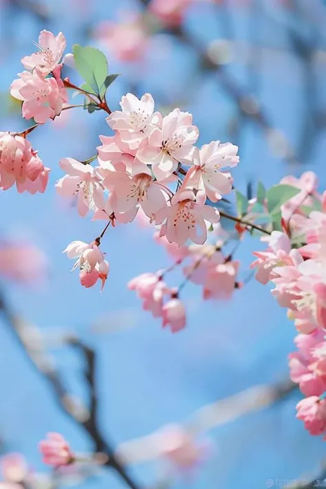 haitang,still life,no humans,blurry,flower,mirror,Powder blue tone,pink flower,depth of field,cherry blossoms,blurry background,petals,reflection,<lora:haitangsaibo:0.9>,