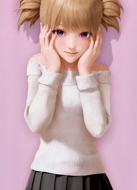 Harem_Hotel_ash, 1girl, solo, purple eyes, smile, blond hair, brown hair, short twintails, hands on own face, plain background, white sweater, pleated skirt, black skirt, sweater, long sleeves, skirt, <lora:Harem_Hotel_ash-10:0.6>, (full-face blush, yandere, psychic, )