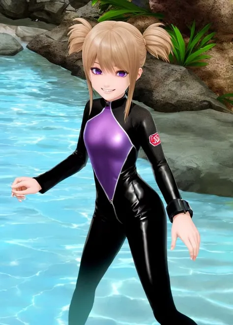 Harem_Hotel_ash, 1girl, solo, purple eyes, smile, blond hair, brown hair, short twintails, diving suit, skin tight, underwater, scuba gear,  <lora:Harem_Hotel_ash-10:0.6>,