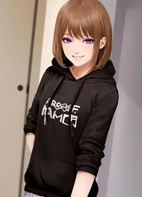 <lora:Harem_Hotel_ash-10:0.6>, Harem_Hotel_ash, 1girl, solo, purple eyes, smile, brown hair, blond hair, hood, hoodie, hood down,