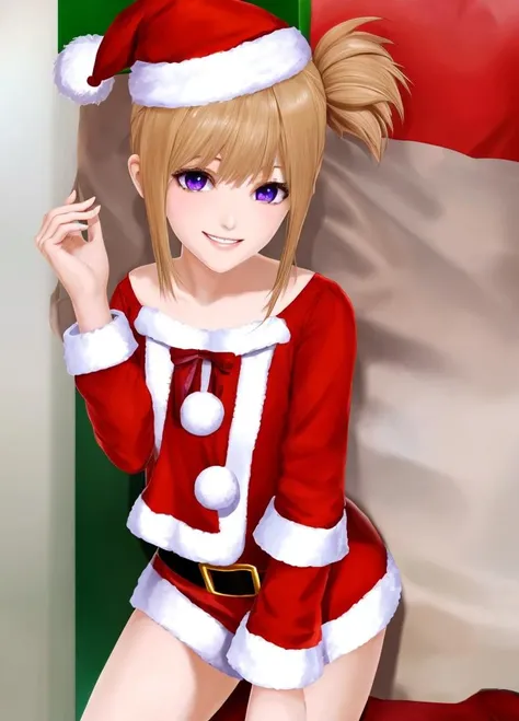 Harem_Hotel_ash, 1girl, solo, purple eyes, smile, blond hair, brown hair, short twintails, santa costume, santa hat, <lora:Harem_Hotel_ash-10:0.6>,