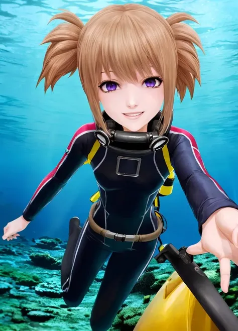 Harem_Hotel_ash, 1girl, solo, purple eyes, smile, blond hair, brown hair, short twintails, diving suit, skin tight, underwater, scuba gear, diving mask, <lora:Harem_Hotel_ash-10:0.6>,