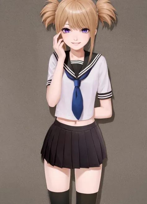 Harem_Hotel_ash, 1girl, solo, purple eyes, looking at viewer, smile, skirt, blonde hair, brown hair, thighhighs, navel, twintails, school uniform, pleated skirt, serafuku, midriff, black thighhighs, zettai ryouiki, short twintails, hands on own face, plain background <lora:Harem_Hotel_ash-10:0.6>