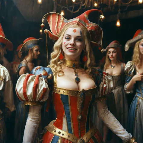 candid photo of a medieval jester, 1girl, solo, long hair, smile, blonde hair, hat, dress, jewelry, upper body, puffy sleeves, necklace, sad smile, makeup, lipstick, pale skin, red lips, photorealistic,analogue photography,edge lighting,indoors, <lora:RPGJesterXL:1> , dancing at a party (((boobs out))), ((naked))