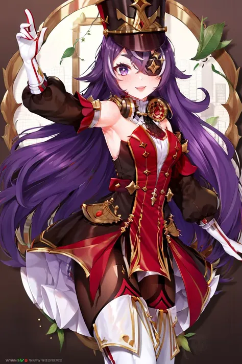 <lora:Puppypaww_Style:0.8>,((masterpiece,best quality)), absurdres, <lora:Chevreuse_Genshin:0.8>,  Chevreuse_Genshin,  1girl, solo, long hair, purple hair, purple eyes, eyepatch, multicolored hair,  uniform, headphones around neck, white thigh boots, shako cap, dress, detached sleeves, gloves,  smile, looking at viewer, cowboy shot,