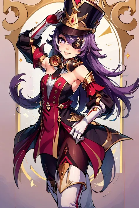 ((masterpiece,best quality)), absurdres, <lora:Chevreuse_Genshin:0.8>, Chevreuse_Genshin, 1girl, solo, long hair, purple hair, purple eyes, eyepatch, multicolored hair, uniform, headphones around neck, white thigh boots, shako cap, dress, detached sleeves, gloves, smile, looking at viewer, cowboy shot,
