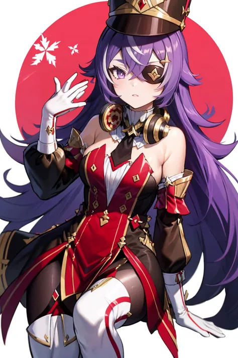 masterpiece, best quality, artistic, sitting parallel to the camera, hand on knee, <lora:Chevreuse_Genshin:.8> Chevreuse_Genshin, 1girl, solo, long hair, purple hair, purple eyes, eyepatch, multicolored hair, uniform, headphones around neck, white thigh boots, shako cap, dress, detached sleeves, gloves,,