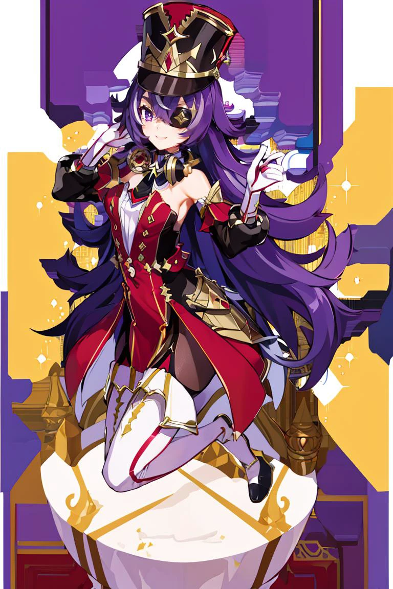 <lora:Harada_Takehito_Background_Dim32:0.8>,((masterpiece,best quality)), absurdres, <lora:Chevreuse_Genshin:0.8>, Chevreuse_Genshin, 1girl, solo, long hair, purple hair, purple eyes, eyepatch, multicolored hair, uniform, headphones around neck, white thigh boots, shako cap, dress, detached sleeves, gloves, smile, looking at viewer, cowboy shot,
