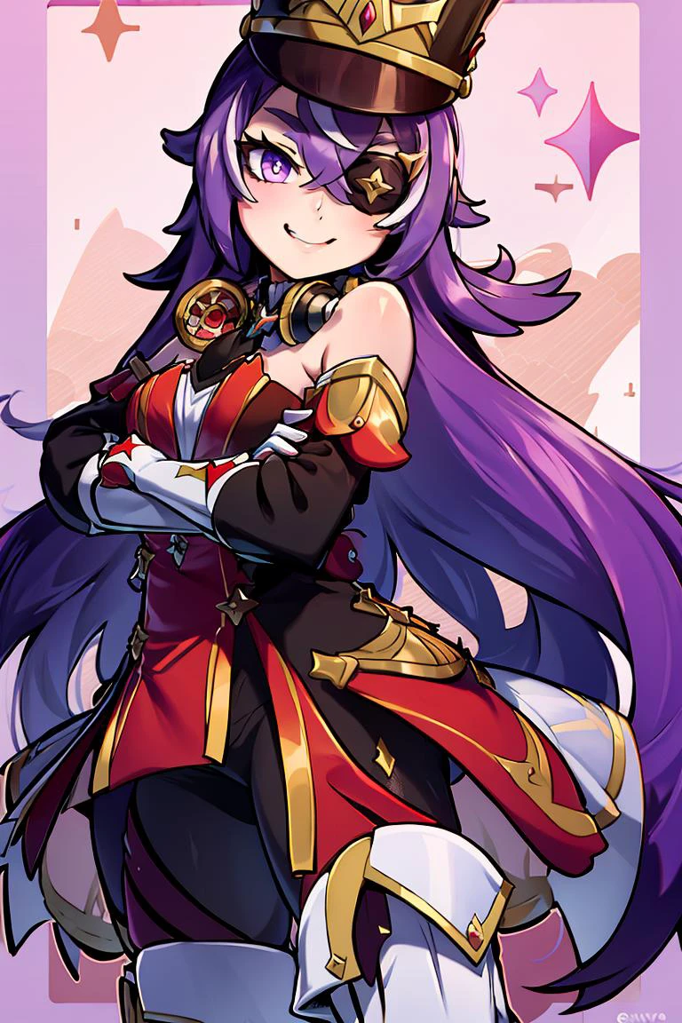 <lora:the_other_half_style:0.7>,((masterpiece,best quality)), absurdres, <lora:Chevreuse_Genshin:0.8>, Chevreuse_Genshin, 1girl, solo, long hair, purple hair, purple eyes, eyepatch, multicolored hair, uniform, headphones around neck, white thigh boots, shako cap, dress, detached sleeves, gloves, smile, looking at viewer, cowboy shot,