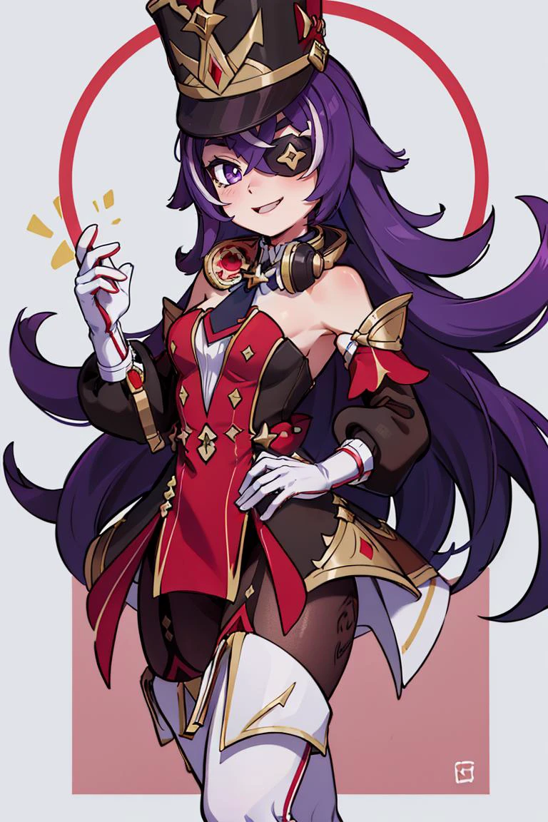 ((masterpiece,best quality)), absurdres, <lora:Chevreuse_Genshin:0.8>, Chevreuse_Genshin, 1girl, solo, long hair, purple hair, purple eyes, eyepatch, multicolored hair, uniform, headphones around neck, white thigh boots, shako cap, dress, detached sleeves, gloves, smile, looking at viewer, cowboy shot,