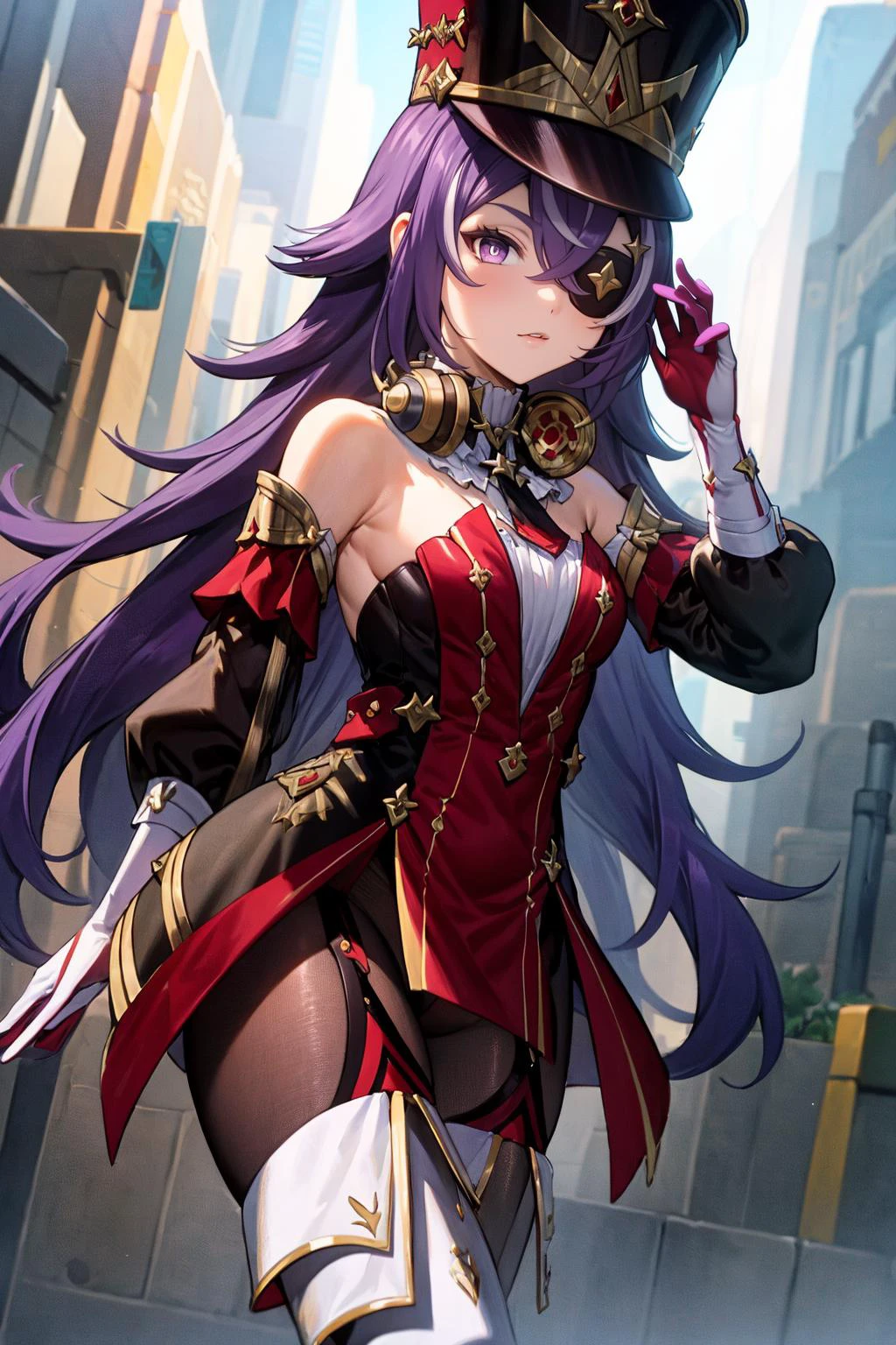 masterpiece, best quality, casual, chin in hand, <lora:Chevreuse_Genshin:.8> Chevreuse_Genshin, 1girl, solo, long hair, purple hair, purple eyes, eyepatch, multicolored hair, uniform, headphones around neck, white thigh boots, shako cap, dress, detached sleeves, gloves,,