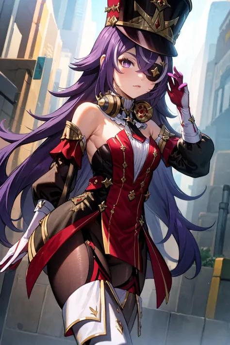 masterpiece, best quality, casual, chin in hand, <lora:Chevreuse_Genshin:.8> Chevreuse_Genshin,  1girl, solo, long hair, purple hair, purple eyes, eyepatch, multicolored hair,  uniform, headphones around neck, white thigh boots, shako cap, dress, detached sleeves, gloves,,