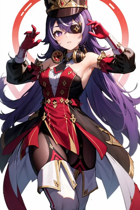 masterpiece, best quality, artistic, hands above her head, <lora:Chevreuse_Genshin:.8> Chevreuse_Genshin,  1girl, solo, long hair, purple hair, purple eyes, eyepatch, multicolored hair,  uniform, headphones around neck, white thigh boots, shako cap, dress, detached sleeves, gloves,,