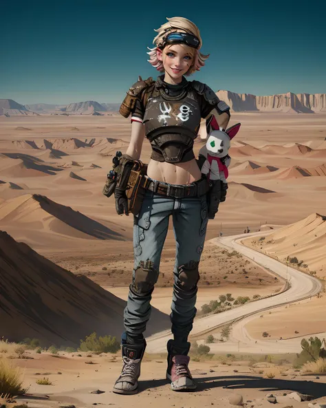 solo, photo of a girl standing in a desert landscape, Tina, short hair, blue eyes, smile, standing, pose, TGear, hair ribbon, goggles on head, bandaid on face, stuffed toy, sneakers, jeans, armor, beautiful detailed face, masterpiece, detailed background, wasteland, 8k, best quality, full body in view, wide shot, (realistic:0.5) <lora:Tina-10:0.8>