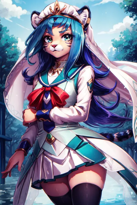 (masterpiece, best quality),  intricate details, 
1girl,   <lora:kamishiro_rio_v1:0.8> kr1, multicolored hair, dyed bangs, white shirt, sleeveless, green skirt, black thighhighs, pleated skirt, kr1, multicolored hair, dyed bangs, long sleeves, black thighhighs, bow, pink dress, white vest, white skirt, kr1, multicolored hair, dyed bangs, jewelry, white dress, bracelet, veil, 
 <lora:[STYLE]_personalami_v1:0.8> furry, tiger,