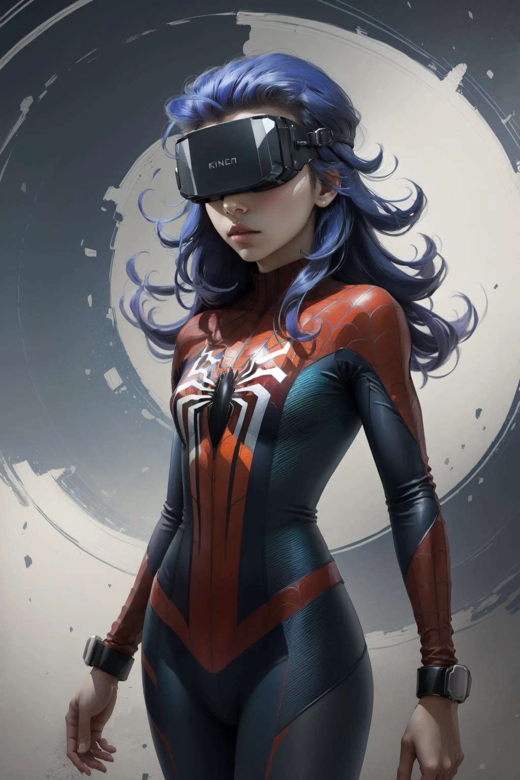 (masterpiece, best quality), intricate details,
1girl, <lora:kamishiro_rio_v1:0.8> kr1, multicolored hair, dyed bangs,
<lora:head-mounted display3:0.8> head-mounted display, <lora:attire_spider-man:0.8> spider suit, spider web print, spider web,