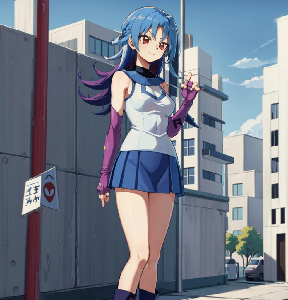 kr1,multicolored hair,red eyes,medium breasts,obuniform,sleeveless, bare shoulders, elbow gloves, blue gloves, fingerless gloves, blue skirt, white jacket, blue footwear, boots,outdoors,smile, closed mouth, standing,lower body, <lora:obuniform-10:0.7> <lora:kamishiro_rio_v1:0.7>