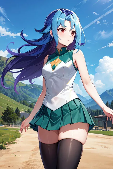 masterpiece, best quality, highres, kr1, multicolored hair, dyed bangs, white shirt, sleeveless, green skirt, black thighhighs, pleated skirt, <lora:kamishiro_rio_v1:0.7>, standing, cowboy shot, outdoors,
