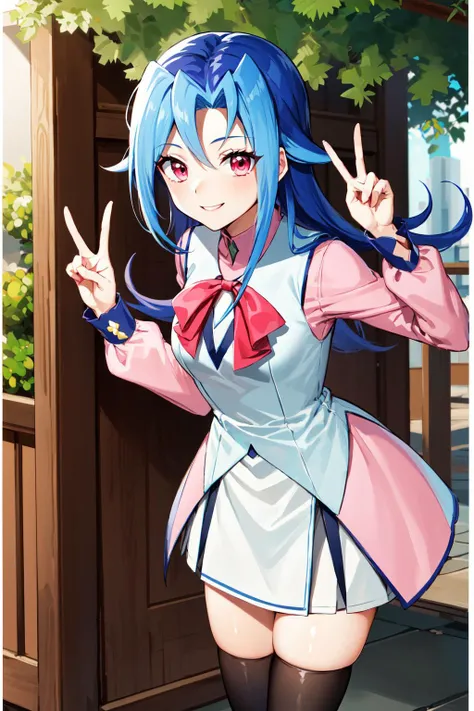 masterpiece, best quality, highres, kr1, multicolored hair, dyed bangs, long sleeves, black thighhighs, bow, pink dress, white vest, white skirt, <lora:kamishiro_rio_v1:0.7>, standing, cowboy shot, outdoors, peace sign, smile, leaning forward,