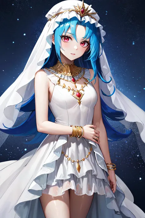 masterpiece, best quality, highres, kr1, multicolored hair, dyed bangs, jewelry, white dress, bracelet, veil, <lora:kamishiro_rio_v1:0.7>, cowboy shot, standing