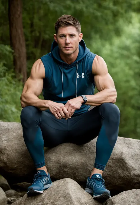 photo of jensen ackles, wearing a sleeveless well-fitted under armour hoodie and compression shorts, sitting on a boulder next to an outdoor trail, 35mm photograph, film, bokeh, professional, 4k, highly detailed <lora:jensen ackles:0.75>, creek in the background, natural lighting, golden hour