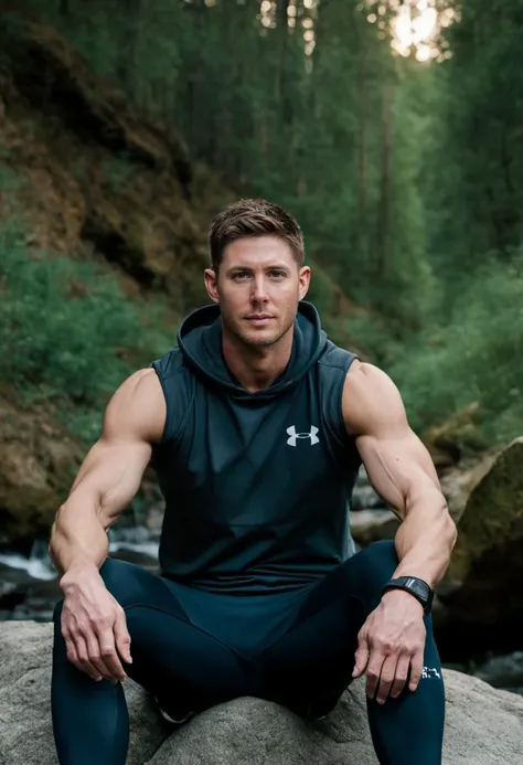 photo of jensen ackles, wearing a sleeveless well-fitted under armour hoodie and compression shorts, sitting on a boulder next to an outdoor trail, 35mm photograph, film, bokeh, professional, 4k, highly detailed <lora:jensen ackles:0.75>, creek in the background, natural lighting, golden hour