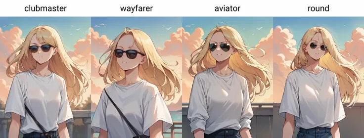 score_9, score_8_up, score_7_up, score_6_up, source_anime, <lora:rayban_sunglasses_v0.2-pony:1>
1girl, long hair, blonde hair, white shirt, sky,
clubmaster sunglasses, cowboy shot,