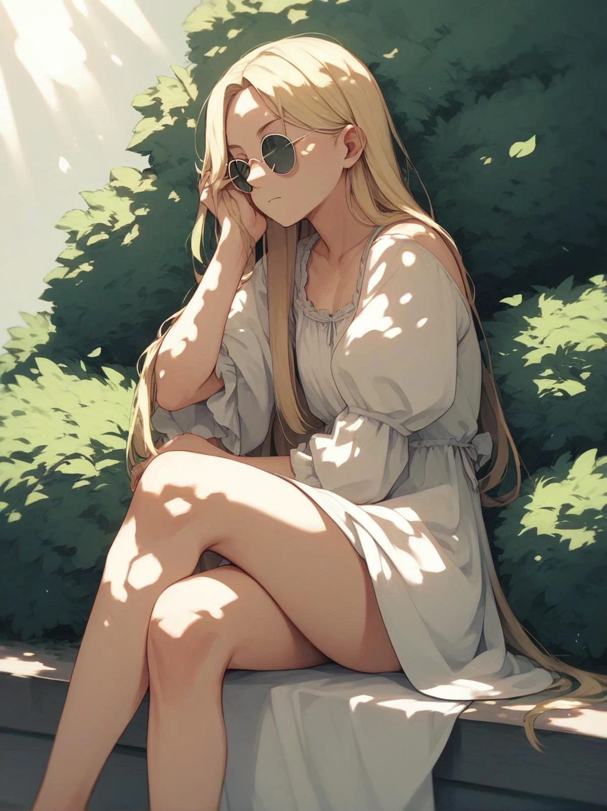 score_9, score_8_up, score_7_up, score_6_up, source_anime, <lora:rayban_sunglasses_v0.2-pony:1>
1girl, blonde hair,
round sunglasses,
parted hair, long hair,
dress, sitting, bush,crossed legs, dappled sunlight, hand in own hair,