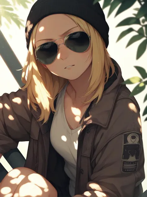 score_9, score_8_up, score_7_up, score_6_up, source_anime, <lora:rayban_sunglasses_v0.2-pony:1>
1girl, blonde hair, 
aviator sunglasses, black sunglasses, 
beanie, down jacket, dappled sunlight,