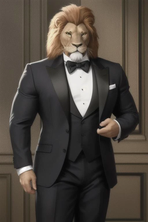 big muscle, male, lion, furry, tuxedo, photo, realism, digital,