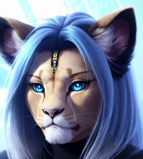 female, lion head,blue eye,(furry:1.5), snout, portrait, scifi, futuristic, cgi, realism, hair,