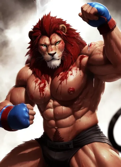 big ripped muscle, male, (lion head:1.0), furry, kemono, photo, realism, cgi, (fighting pose:1.2), tekken, eye glow, (sweat:1.3), dirt, nipple, red hair, (baki:1.2), blood splatter, blue eye, teeth, (steam:1.0),