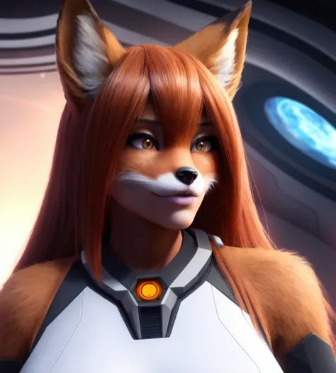 female, fox head,(furry:1.5), snout, portrait, scifi, futuristic, cgi, realism, hair,