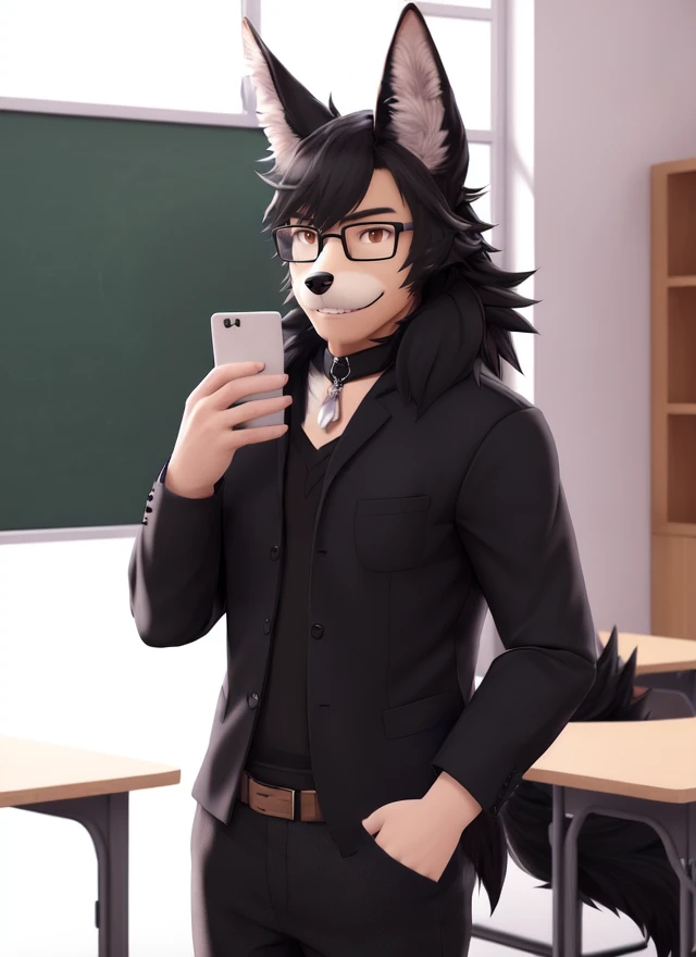 male,(furry:1.4), (kemono:1.0), (black jackal), snout, (black fur:1.4), glasses, school, photorealism, cgi, (casual cloth:1.2), (hair:1.3),phone