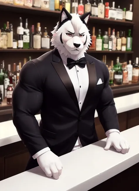 (Big Muscle:1.2), male, (furry:1.1), (kemono:1.5), hair, tuxedo jacket, behind counter, bar, cgi, photo, realism,  black pants