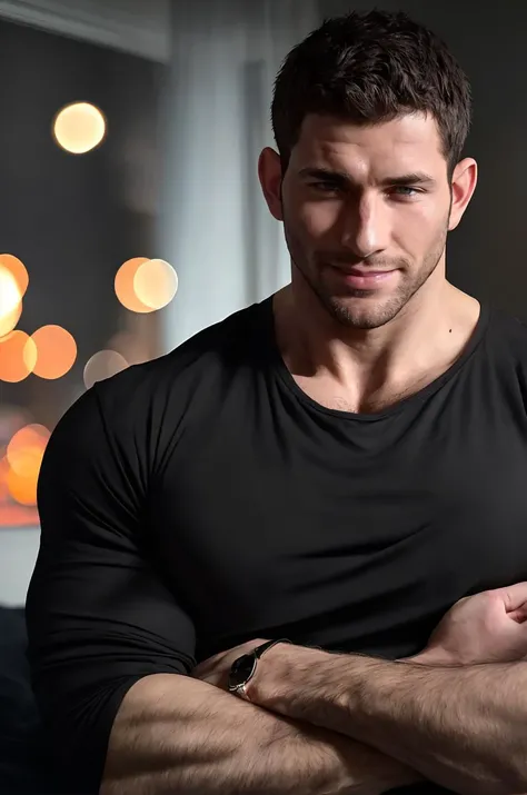 photo of muscular chris redfield in a worn ((soft black shirt, massive hairy pecs)), big pecs, big arms, large bulge, ((light bokeh)), intricate, (steel metal [rust]), elegant, erotic, exuding sexual energy, homoerotic, sharp focus, photo by greg rutkowski, soft lighting, vibrant colors, (masterpiece), ((modern bedroom)), (detailed face), looking at viewer, (handsome face: 1.5), brushed up hairs, light smile, wide open eyes