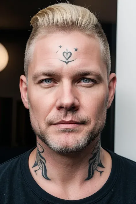 portrait of a middle-aged man, beard, high fade blonde hair, face tattoos, grey eyes