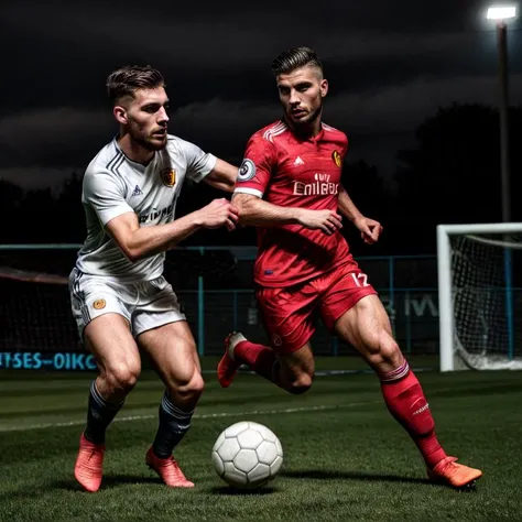 RAW photo, (dynamic), action, 2boys, handsome slim men, (soccer kit), sports socks, thirst trap, undercut hair, (Mancunian park background), (cloudy:0.5), soft lighting, skin imperfections, intricate detail, 8k, octane, (GS-Masculine:0.3)