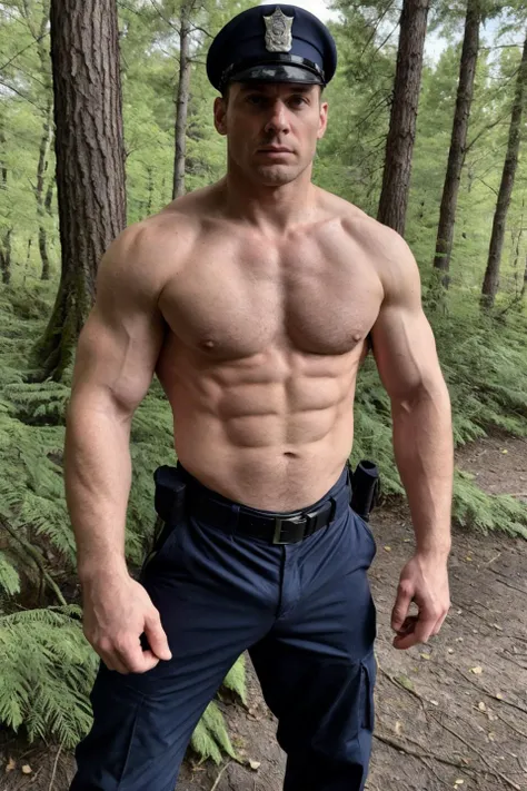 real photograph of muscular policeman in the woods, shirtless, looking at viewer,