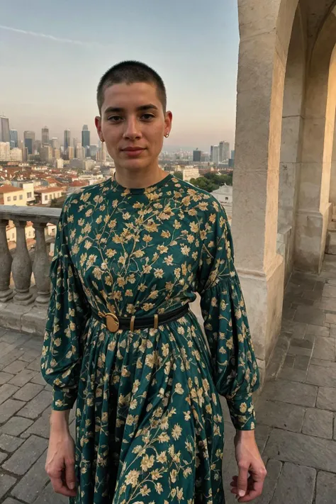 photograph, stylized, Breathtaking light-weight (Female Fremen:1.2) , Landscape architect, wearing Overwrought Midi dress and flats with Oni print, Adventure pose, Engrossing hair styled as Buzz cut with a fade, lush cityscape, key light, compact camera, F/1.8, dark yellow color grading, gilded technique, ultra high res, Pixabay, art by Tran Nguyen, <lora:offset_0.2:0.4>