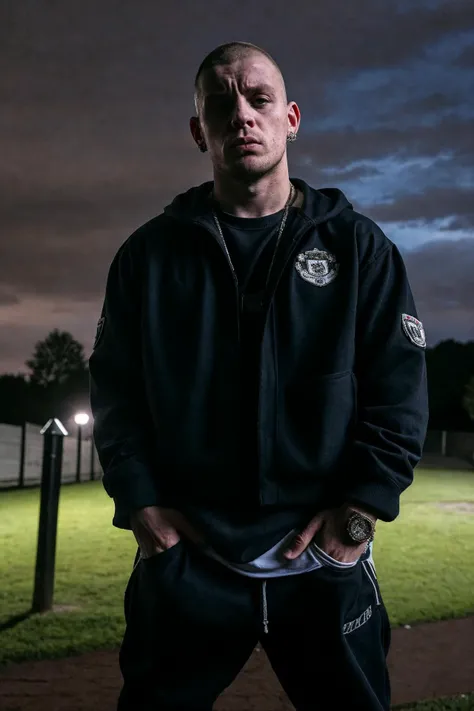 masterpiece, best quality, 1boy, 30 year old, chav, rough, dirty, Mancunian, mean, bully, druggie, skinhead, (park background), realistic, dramatic lighting, atmospheric, intricate detail