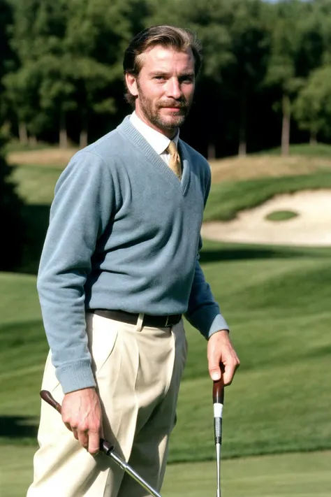 old photograph from the 90s, scruffy man, playing golf, dandy, regal, rich man