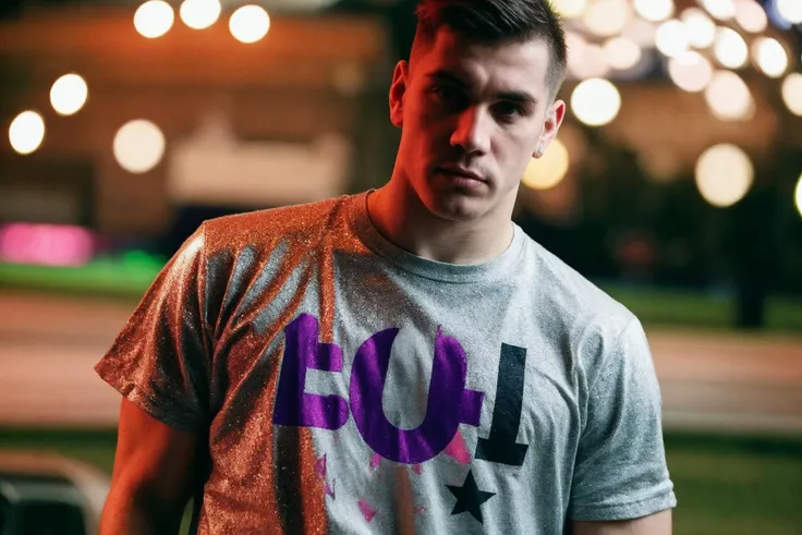 colorful, handsome juicy twunk, punk, very short undercut hair, glitter t-shirt, cinematic, bokeh, (hazy:0.3), looking at viewer, skin imperfections, arrogant gaze, (GS-Boyish:0.2)