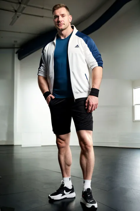 full body portrait,mature athlete,manly,crewcut,jacket,shorts,sports sneakers,standing in gym,legs spread,