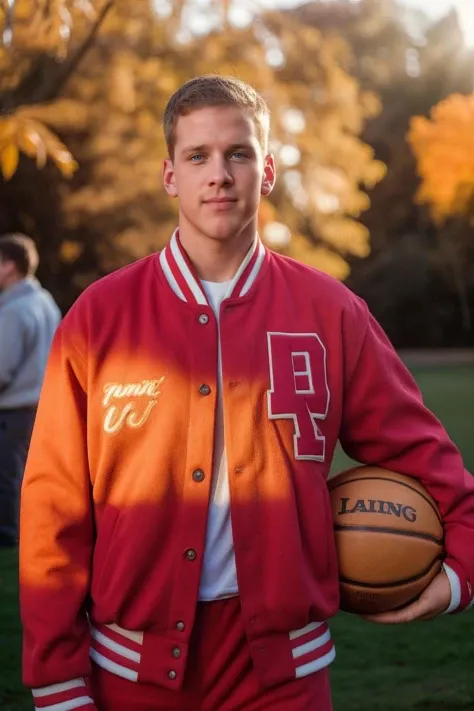 RAW photo, professional studio photo of jeremy_penn <lora:jeremy_penn-adam-06:0.75> standing outdoors wearing a red letterman varsity jacket, holding a basketball against his side, autumn background, blurred background, natural lighting, sunlight, golden hour, warm approachable mood, clean classic intimate aesthetic, 8k uhd, dslr, soft lighting, high quality, film grain, Fujifilm XT3, (smile:0.5)