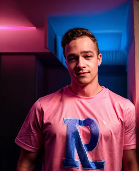 photograph of, 1man, <lora:jaydenmv1:1> jaydenm, frowning, best quality, 4K, masterpiece, detailed, intricate, blue and purple and pink, perfect anatomy, by professional artist, realistic, smirking,
<lora:add_detail:1>, shirt, pants, bisexual neon lighting