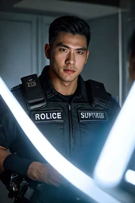 4k official art, unity 8k wallpaper, ultra detailed, beautiful and aesthetic, ultra realistic, masterpiece, best quality, man, handcuffs, police uniform, police station , bodybuilder seductive face, medium shot, (superflat lighting:1.4), light behind the camera, shirtless, lower perspective, shaved hair realistic, masterpiece, best quality, cinematic lighting, natural shadow, highest detail, professional photography, detailed background, depth of field, insane details, intricate, aesthetic, detailed face, subsurface scattering, realistic hair, realistic eyes, muscular, masculine, large pectorals, photo of a handsome asian man, (20 year old), black hair, full body