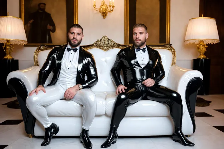 Two men in latex sitting on a couch in a room - SeaArt AI