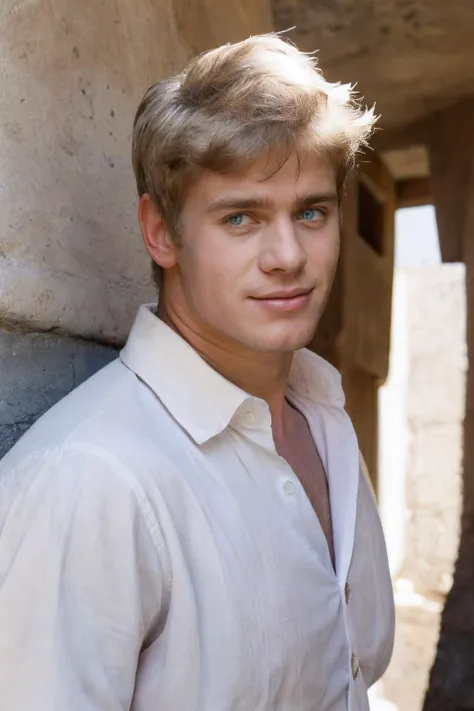closeup professional photo of dolph_lambert <lora:dolph_lambert-07:1> posing in front of a weathered wall, blurred background, wearing a button-down shirt, soft natural light, diffused light, relaxed facial expression, hint of a smile